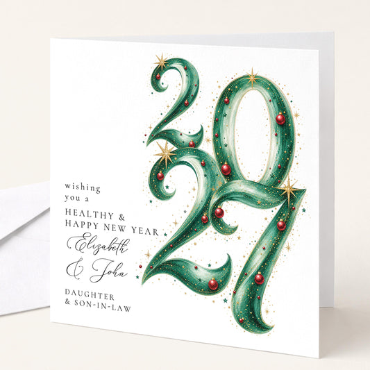 Ornate 2027 New Year card personalised for daughter and son-in-law