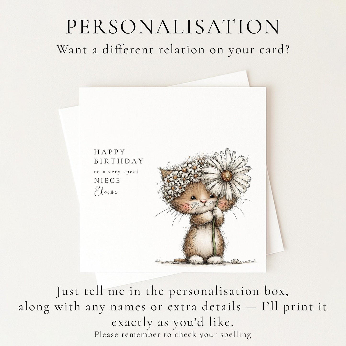 Niece Birthday Card – Personalised Name Detail | Cute Animal Illustration - Whimsi Lilley