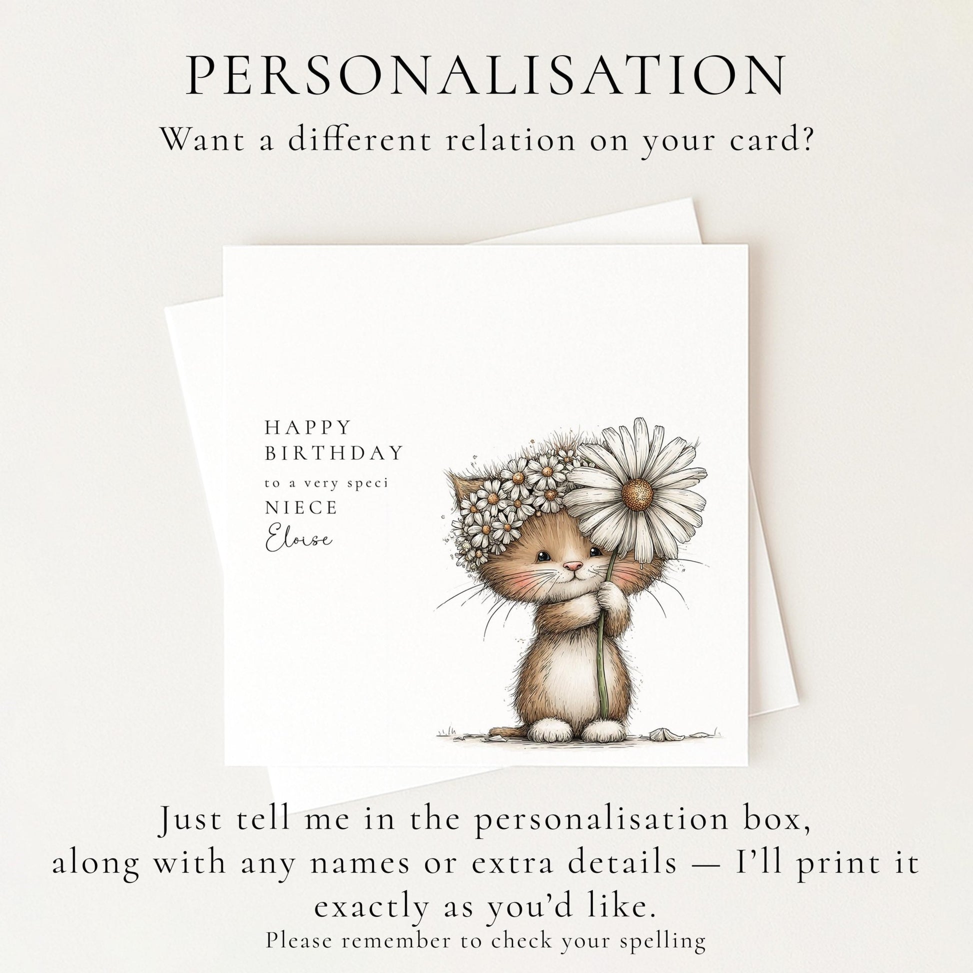 Niece Birthday Card – Personalised Name Detail | Cute Animal Illustration - Whimsi Lilley