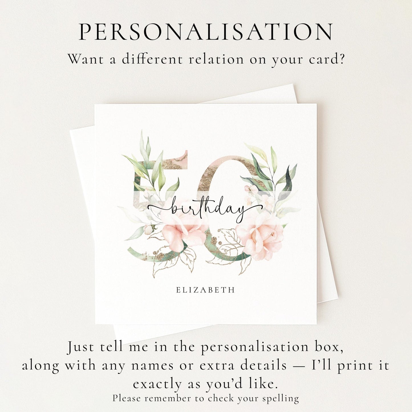Personalised 50th Birthday Card - Elegant Floral Milestone Keepsake Gift - Whimsi Lilley