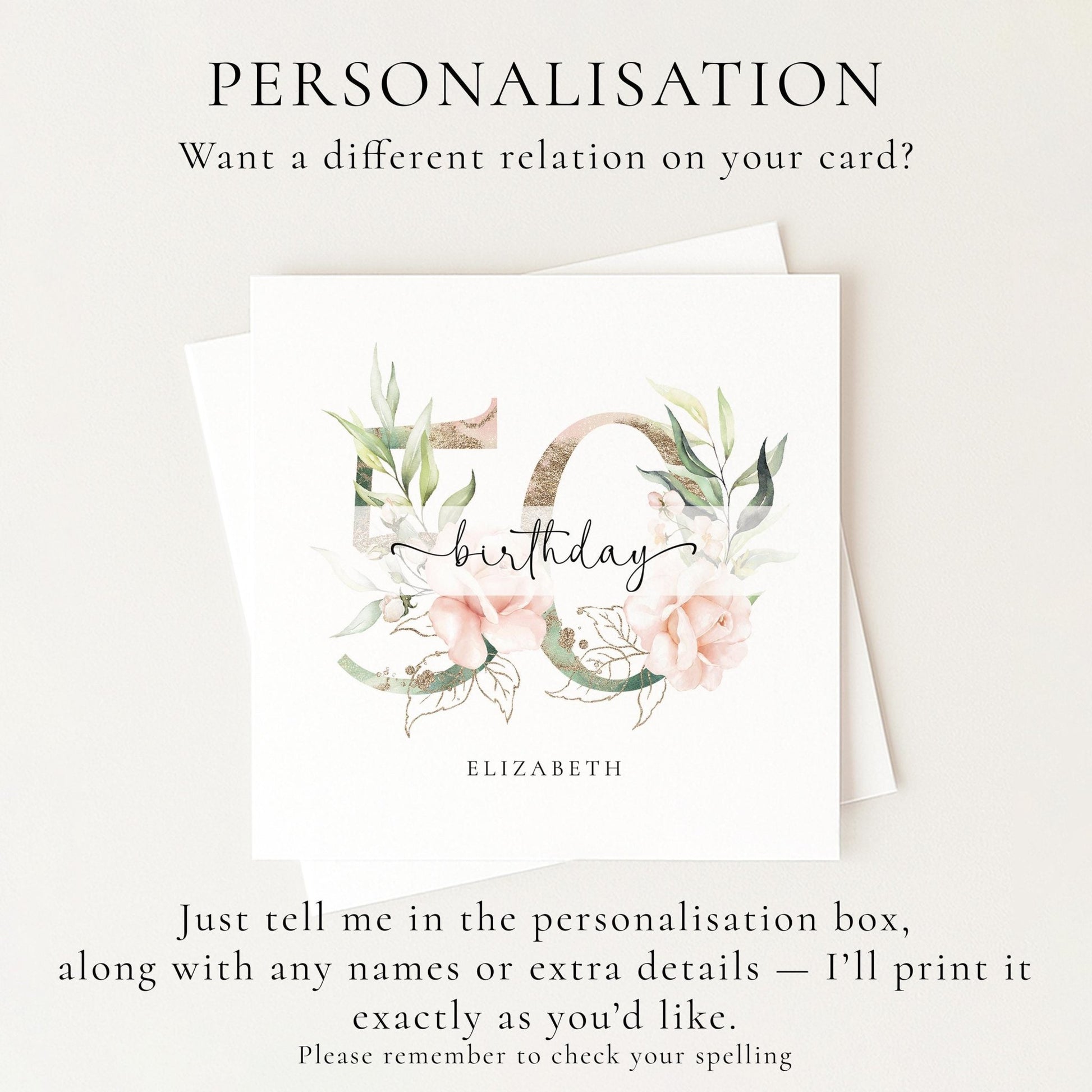Personalised 50th Birthday Card - Elegant Floral Milestone Keepsake Gift - Whimsi Lilley