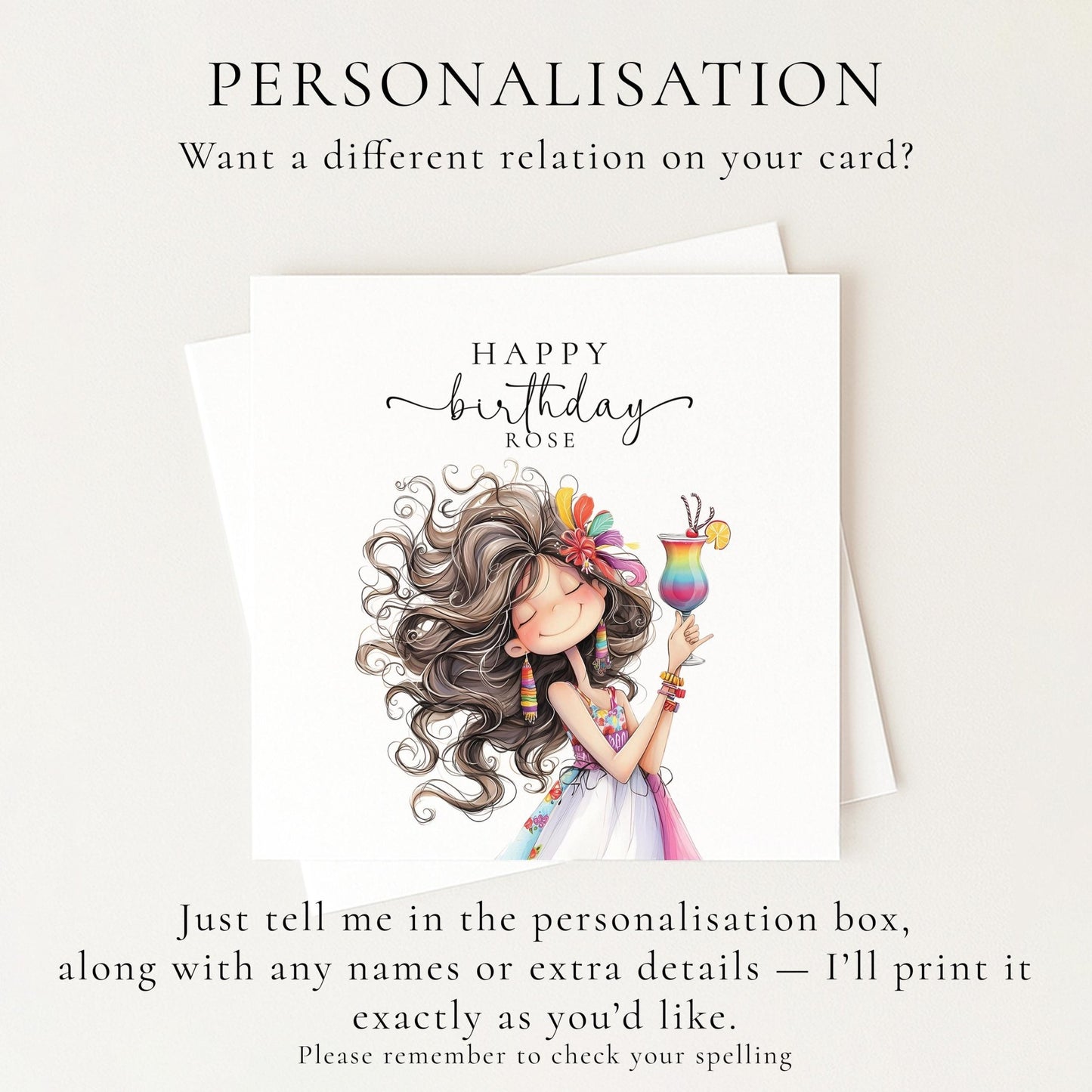 Personalised Birthday Card - Colourful Cocktail Design For Her - Whimsi Lilley