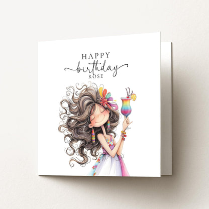 Personalised Birthday Card - Colourful Cocktail Design For Her - Whimsi Lilley