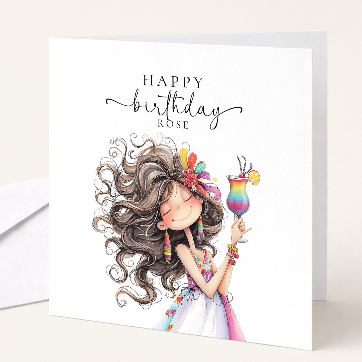 Personalised Birthday Card - Colourful Cocktail Design For Her - Whimsi Lilley