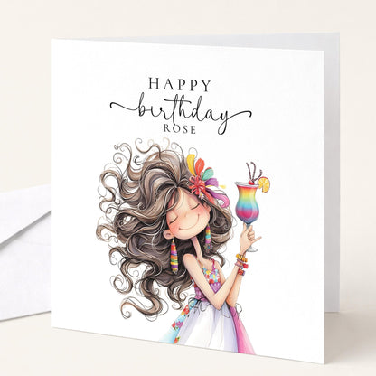 Personalised Birthday Card - Colourful Cocktail Design For Her - Whimsi Lilley