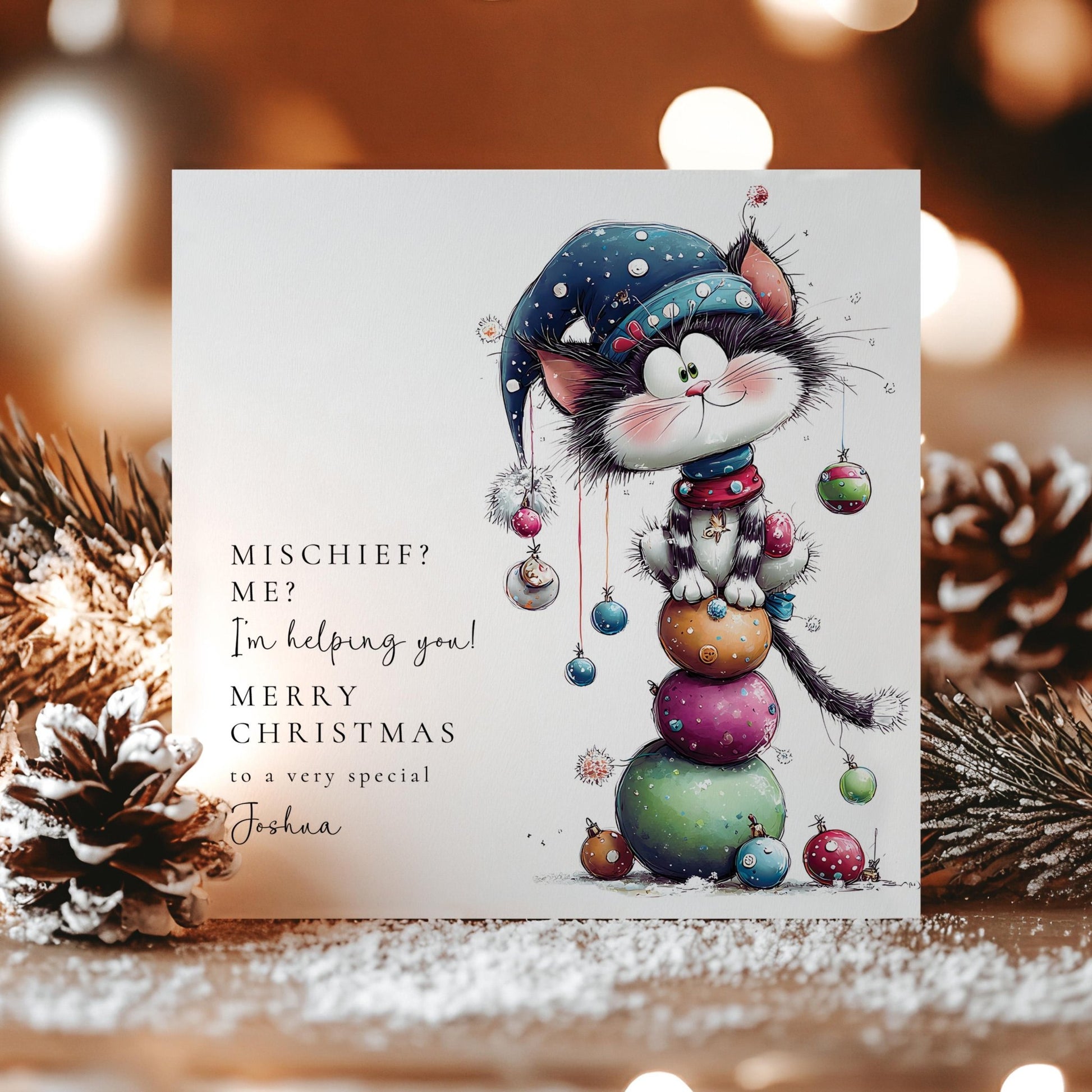 Personalised Cat Christmas Card – Cute Mischievous Kitty On Matte Finish - Whimsi Lilley