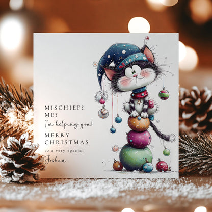 Personalised Cat Christmas Card – Cute Mischievous Kitty On Matte Finish - Whimsi Lilley