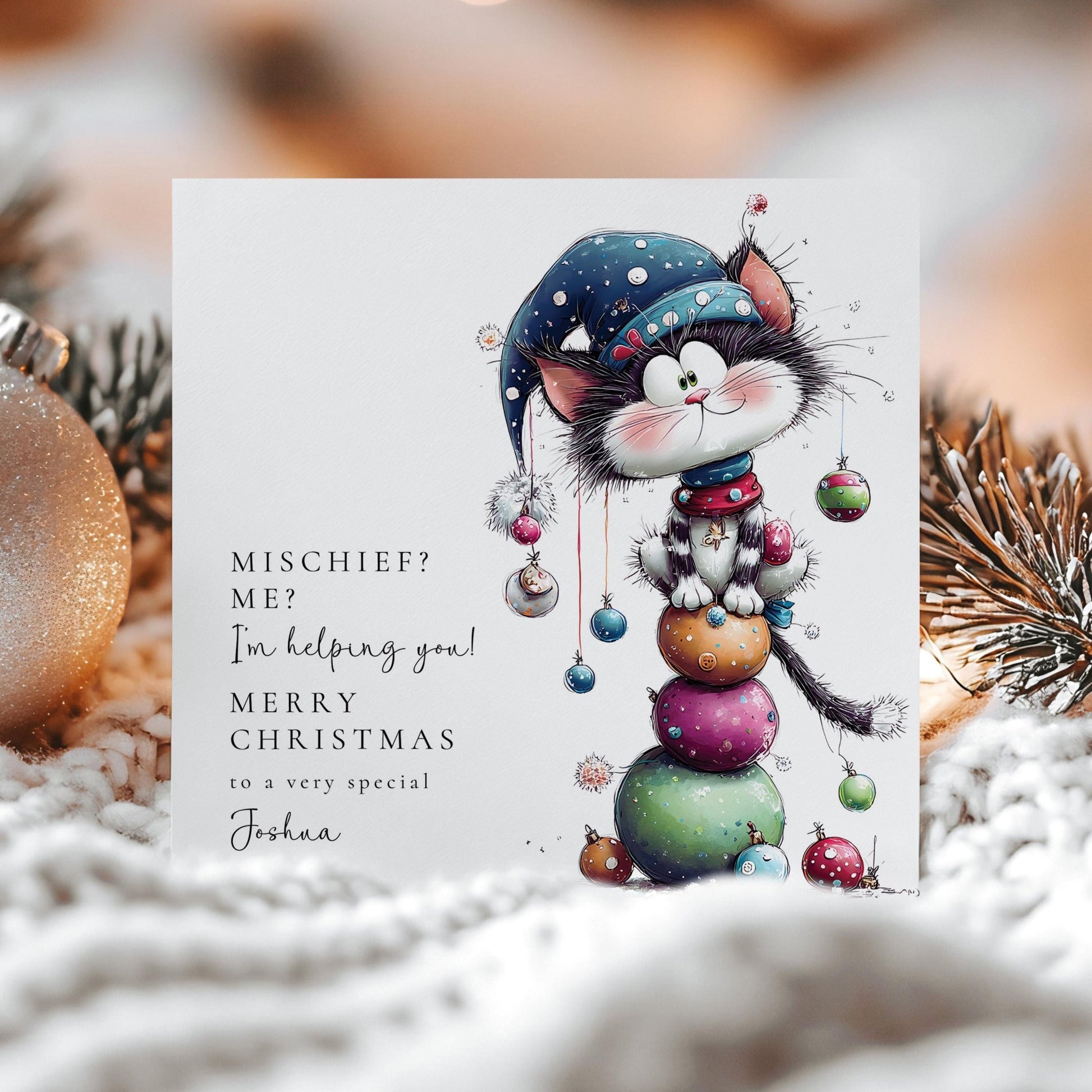 Personalised Cat Christmas Card – Cute Mischievous Kitty On Matte Finish - Whimsi Lilley