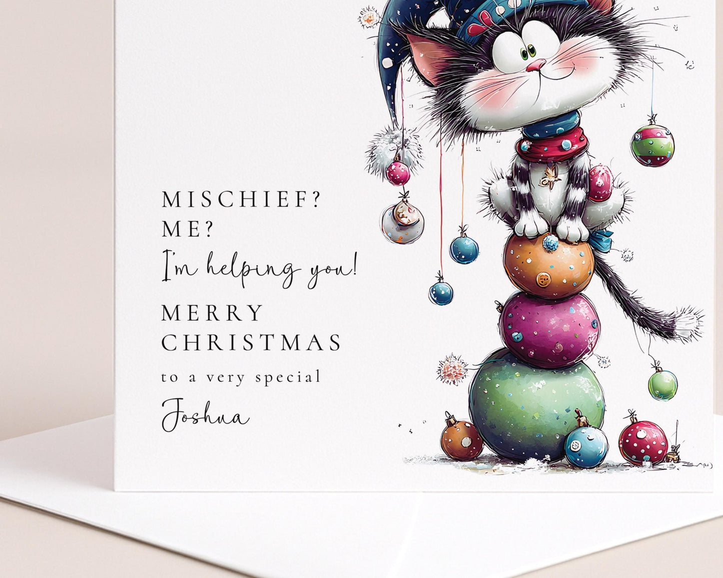 Personalised Cat Christmas Card – Cute Mischievous Kitty On Matte Finish - Whimsi Lilley
