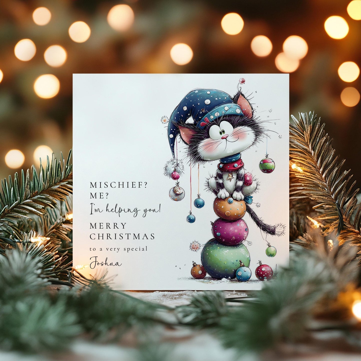 Personalised Cat Christmas Card – Cute Mischievous Kitty On Matte Finish - Whimsi Lilley