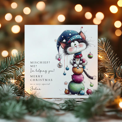 Personalised Cat Christmas Card – Cute Mischievous Kitty On Matte Finish - Whimsi Lilley