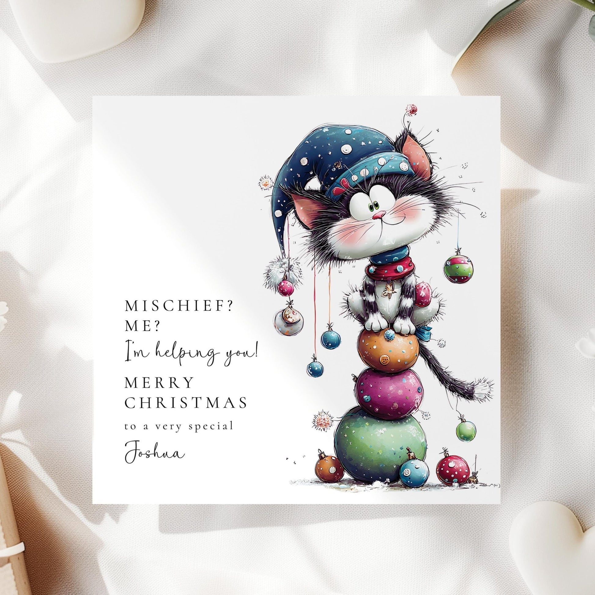 Personalised Cat Christmas Card – Cute Mischievous Kitty On Matte Finish - Whimsi Lilley