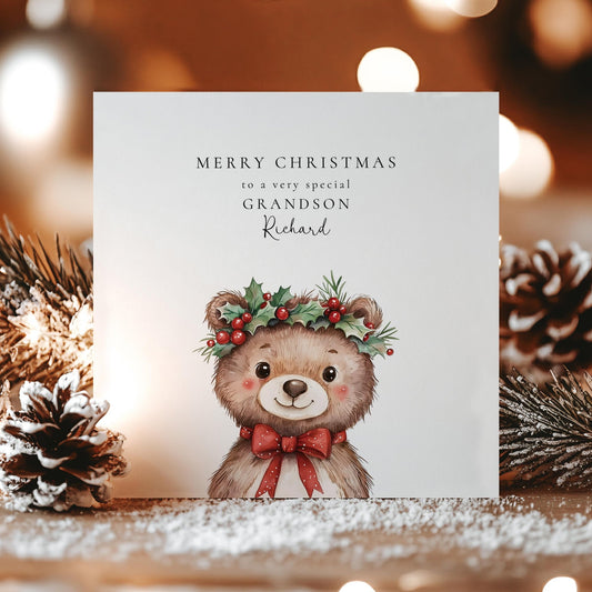 Personalised Christmas Card – Custom Name Holiday Card for Grandson with Festive Bear - Whimsi Lilley