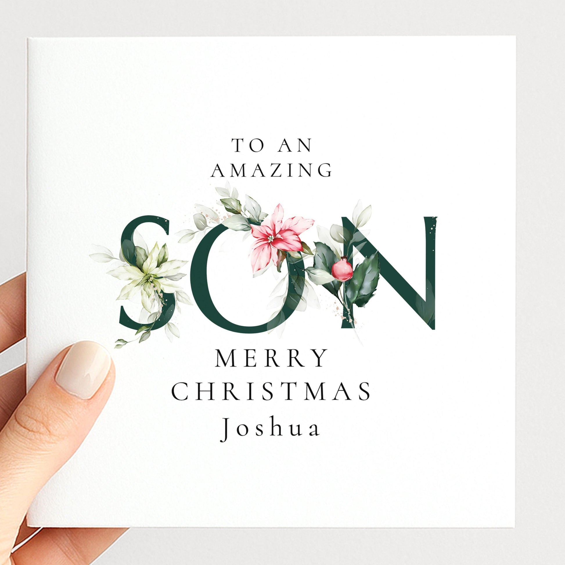 Personalised Christmas card for son with festive floral SON letter typography and custom name, printed on 300gsm card