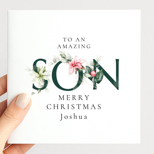 Personalised Christmas card for son with festive floral SON letter typography and custom name, printed on 300gsm card
