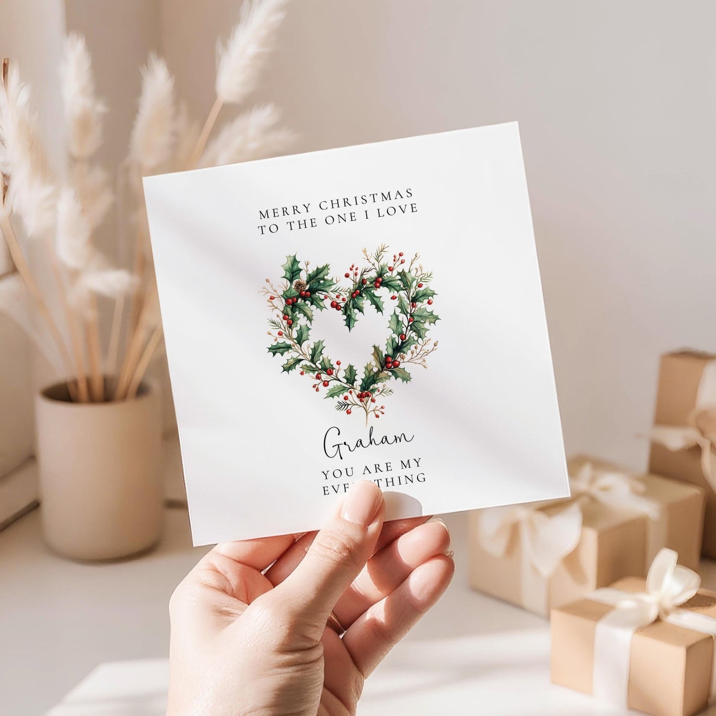 Personalised Christmas Card - Romantic Keepsake Holiday Card with Festive Holly Wreath - Whimsi Lilley