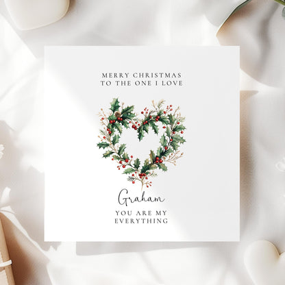 Personalised Christmas Card - Romantic Keepsake Holiday Card with Festive Holly Wreath - Whimsi Lilley