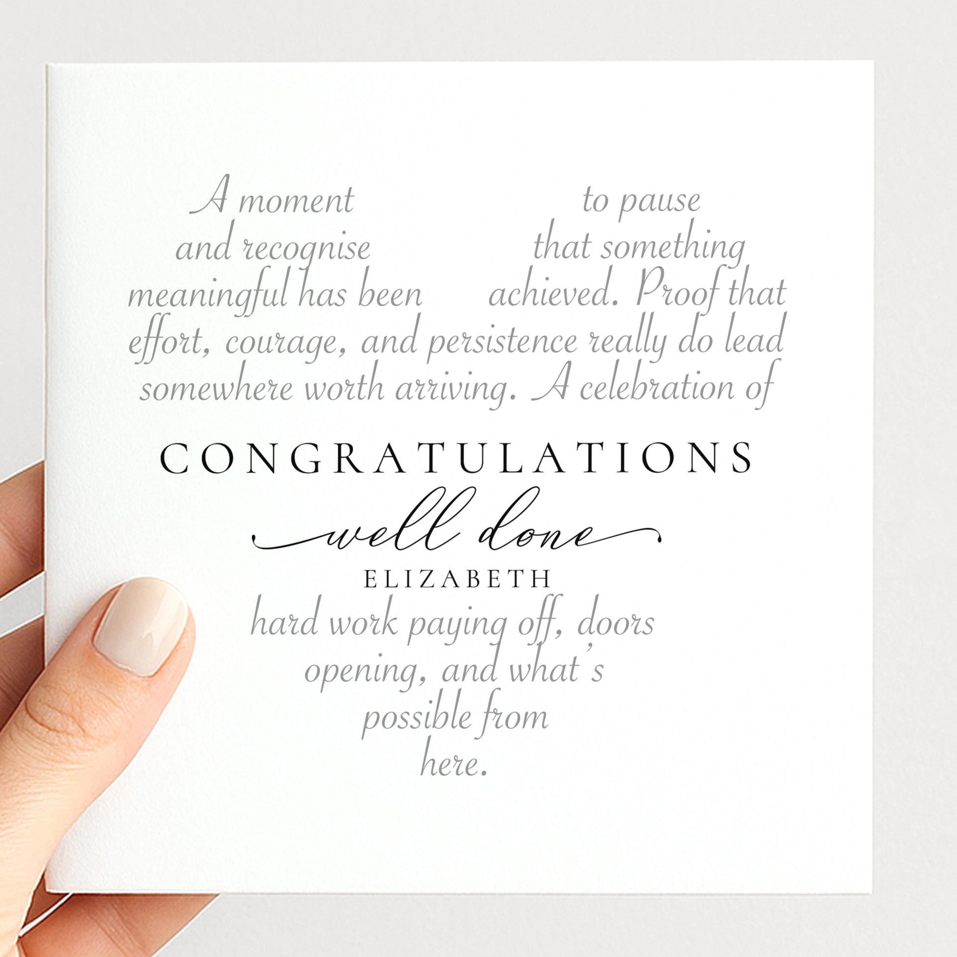 Personalised congratulations card with elegant well done word art design and name, printed on 300gsm card