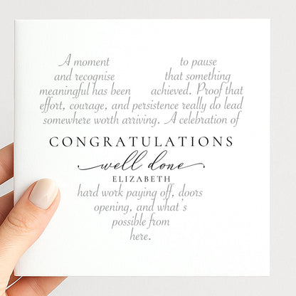Personalised congratulations card with elegant well done word art design and name, printed on 300gsm card