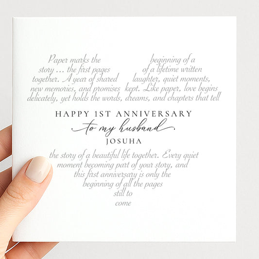 Personalised first anniversary card for husband with elegant heart shaped poem and paper anniversary sentiment, printed on 300gsm card
