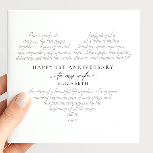 Personalised first anniversary card for wife with elegant heart shaped poem and paper anniversary sentiment, printed on 300gsm card