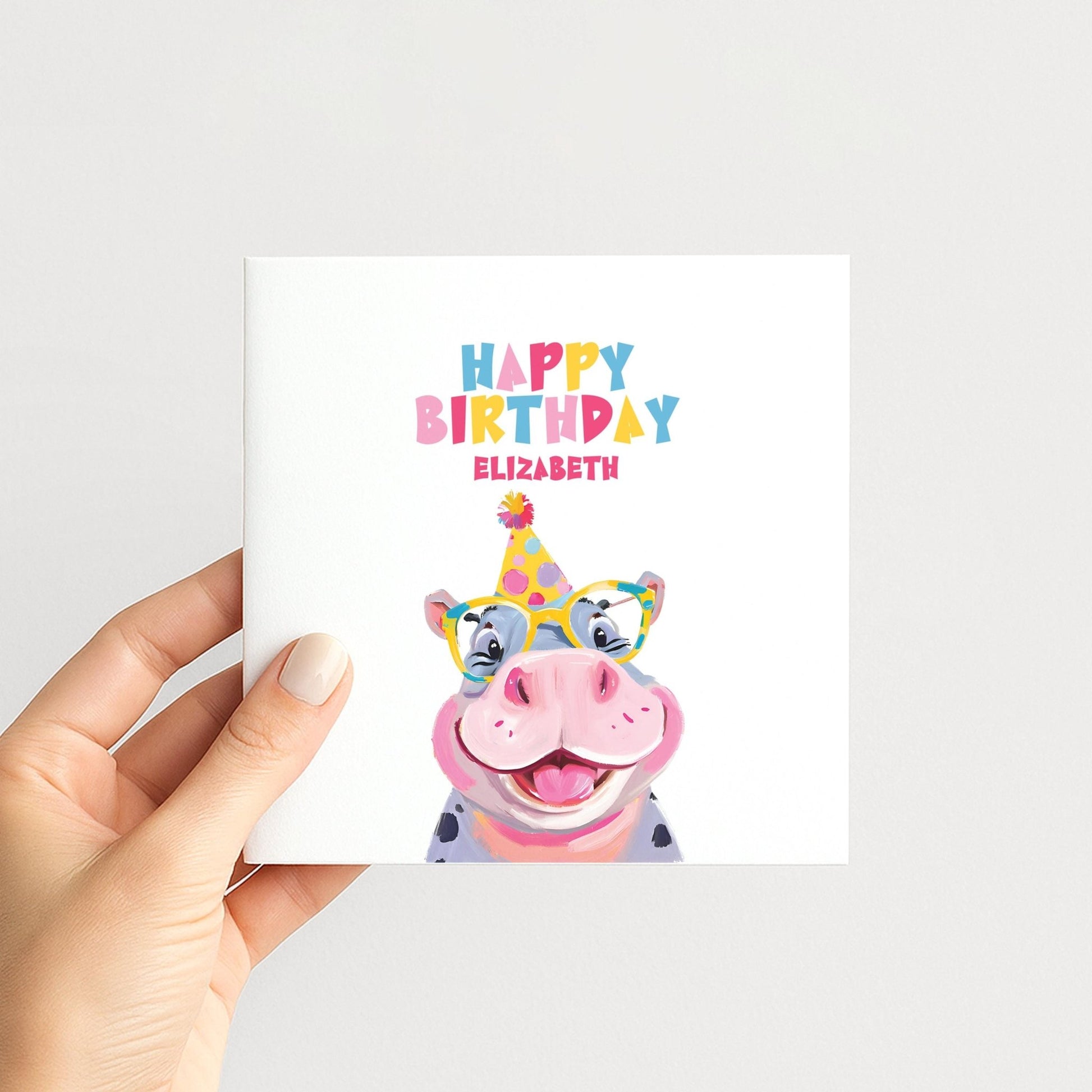 Personalised Hippo Birthday Card - Colourful Kids Card With Matte Finish - Whimsi Lilley