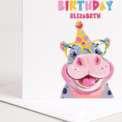 Personalised Hippo Birthday Card - Colourful Kids Card With Matte Finish - Whimsi Lilley