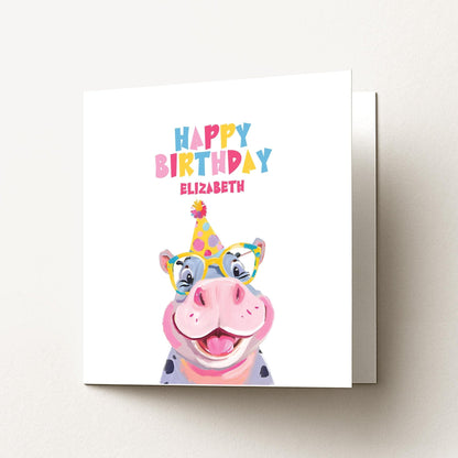 Personalised Hippo Birthday Card - Colourful Kids Card With Matte Finish - Whimsi Lilley
