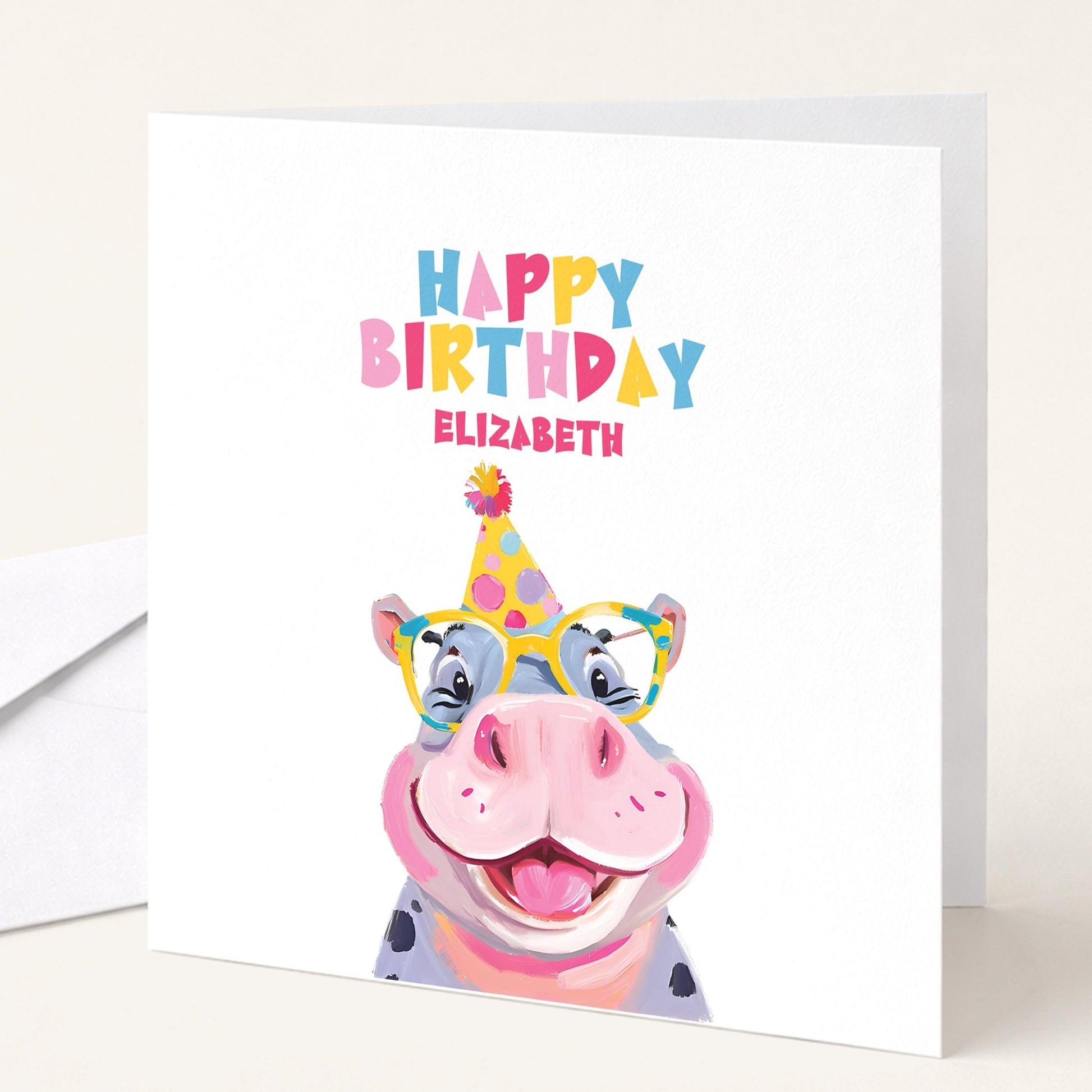 Personalised Hippo Birthday Card - Colourful Kids Card With Matte Finish - Whimsi Lilley