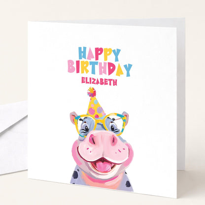 Personalised Hippo Birthday Card - Colourful Kids Card With Matte Finish - Whimsi Lilley