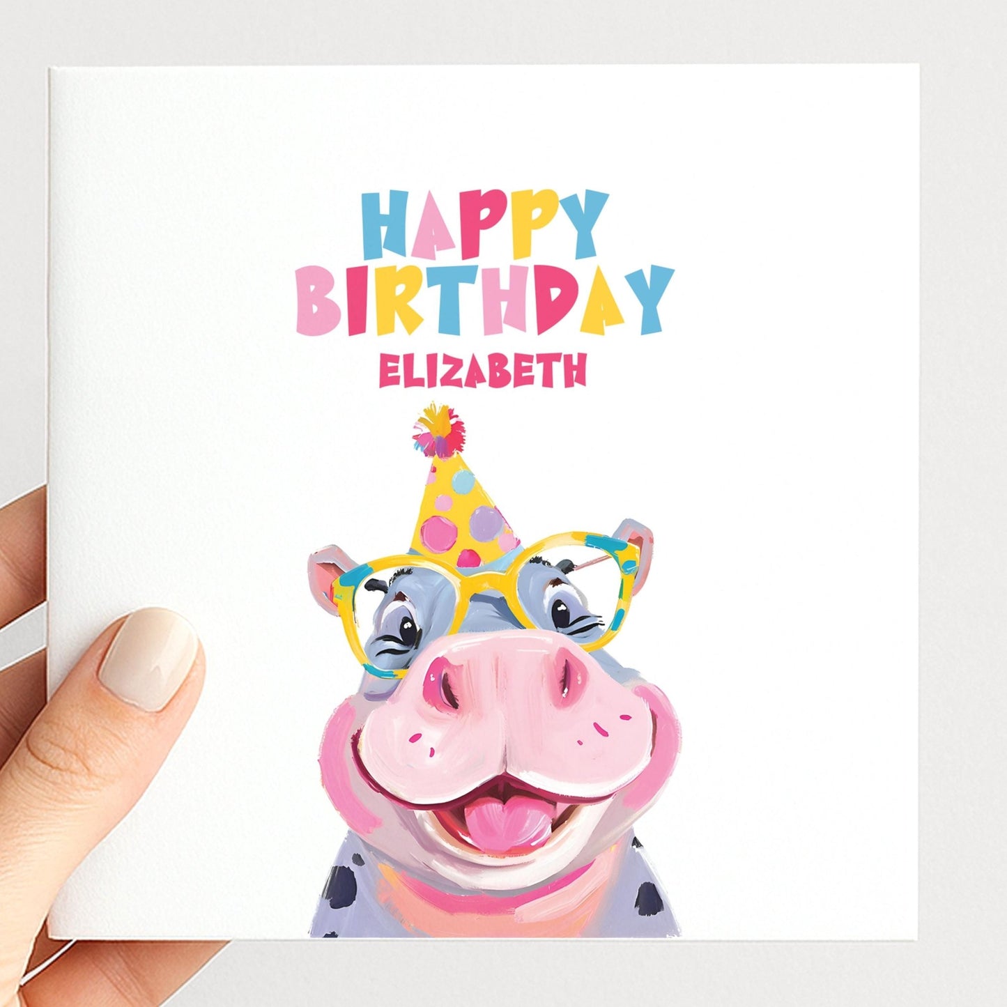 Personalised Hippo Birthday Card - Colourful Kids Card With Matte Finish - Whimsi Lilley