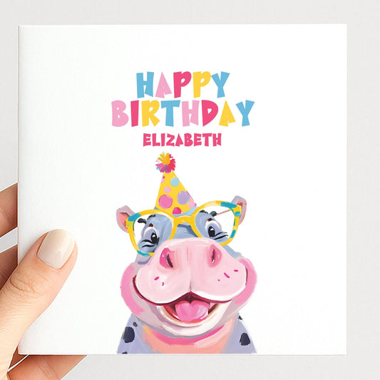 Personalised Hippo Birthday Card - Colourful Kids Card With Matte Finish - Whimsi Lilley