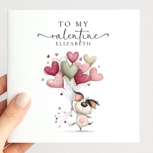 Personalised Valentine Card - Cute Dog With Heart Balloons | Matte Finish Keepsake - Whimsi Lilley