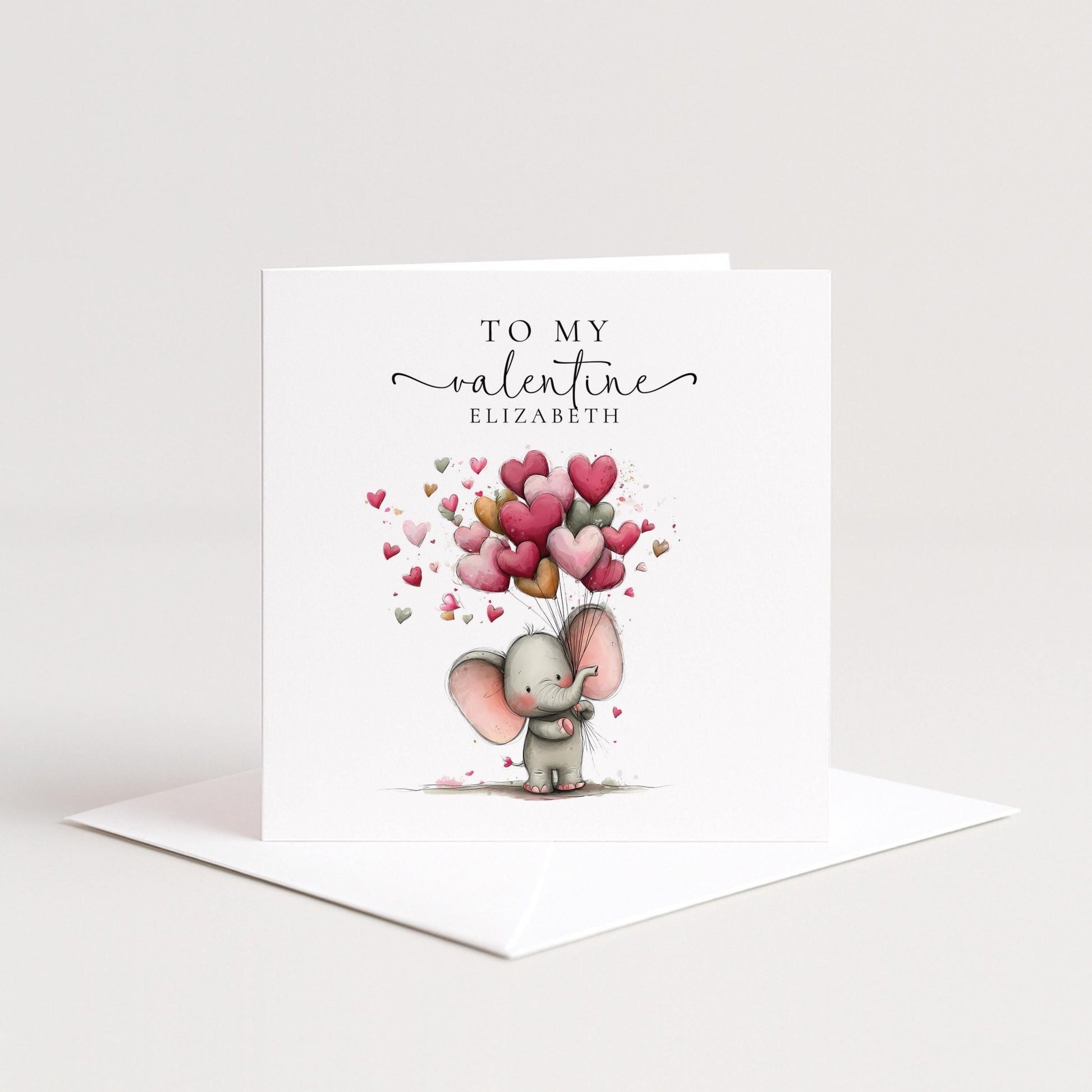 Personalised Valentine Card – Elephant Valentine Card With Heart Balloon Design - Whimsi Lilley