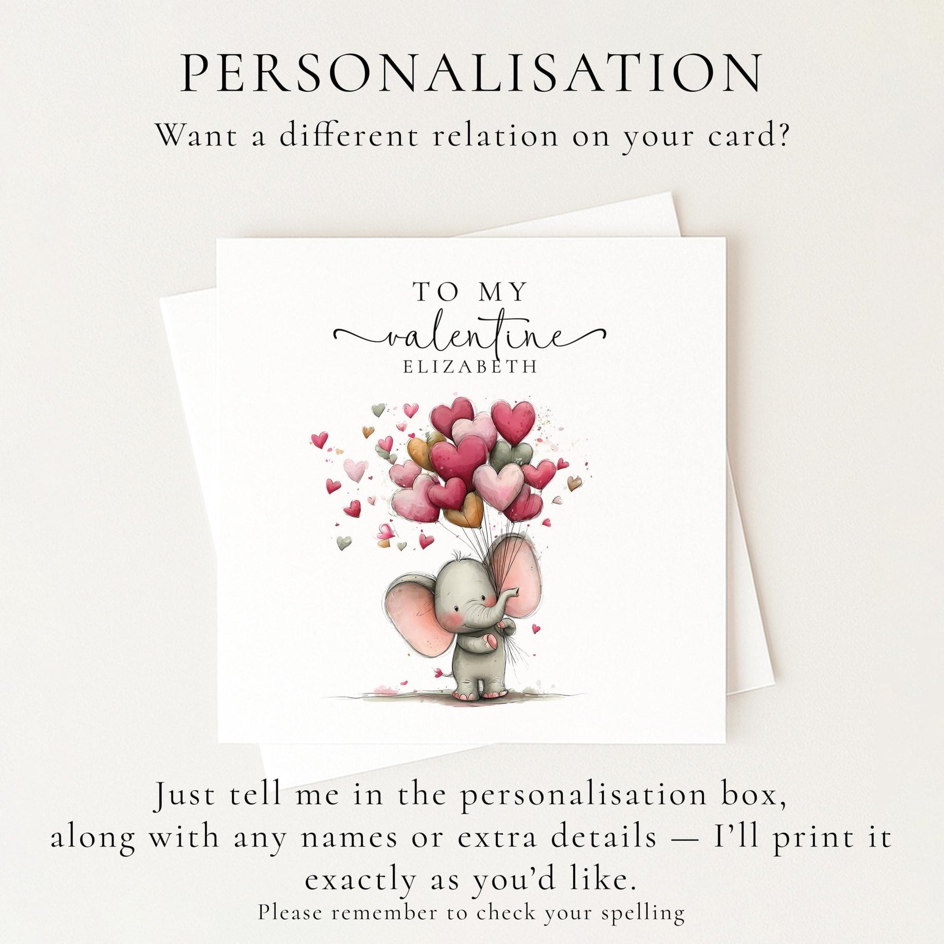 Personalised Valentine Card – Elephant Valentine Card With Heart Balloon Design - Whimsi Lilley