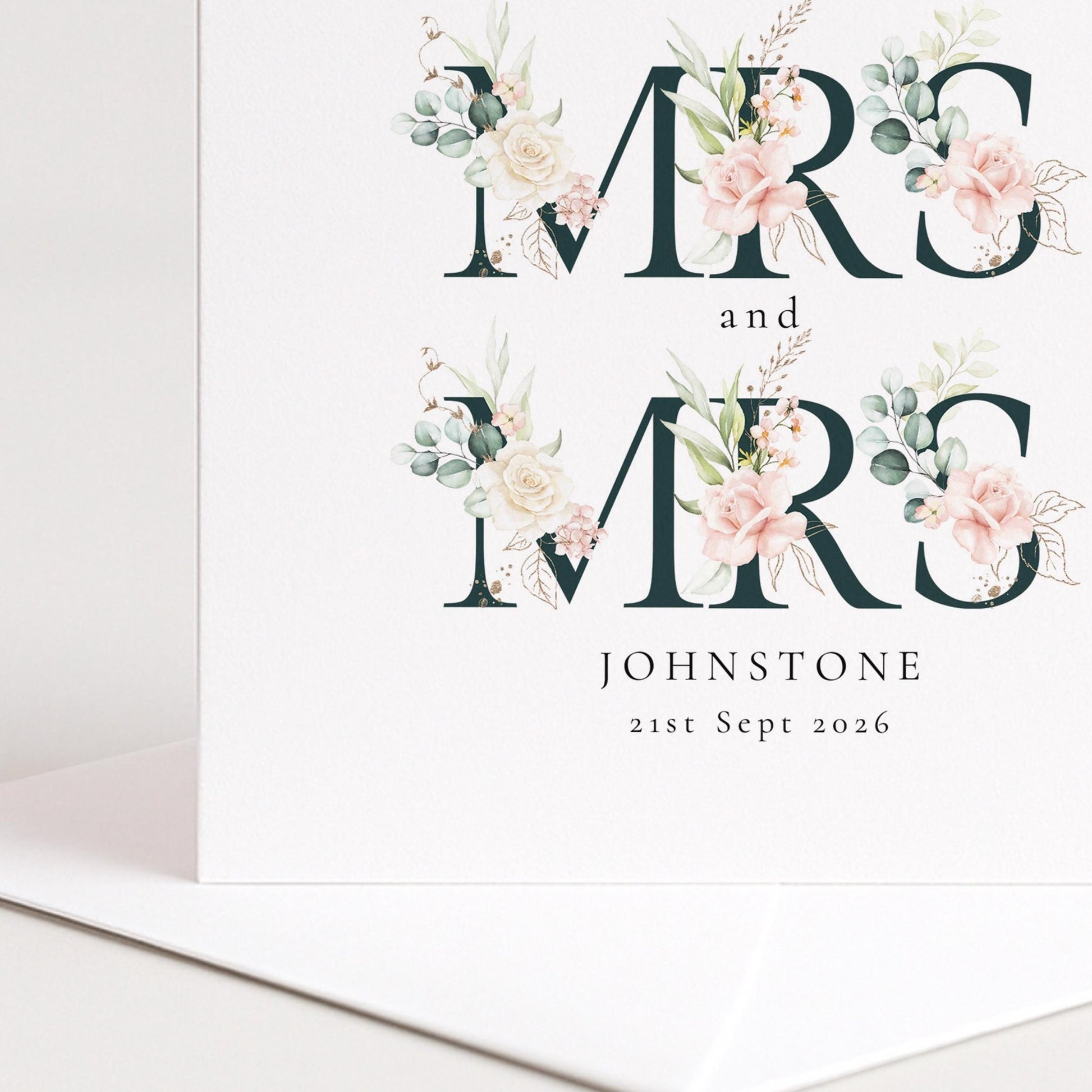 Personalised Wedding Card – Mrs and Mrs Floral Design with Elegant Typography - Whimsi Lilley
