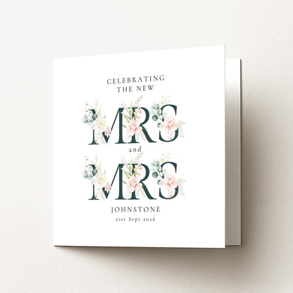 Personalised Wedding Card – Mrs and Mrs Floral Design with Elegant Typography - Whimsi Lilley
