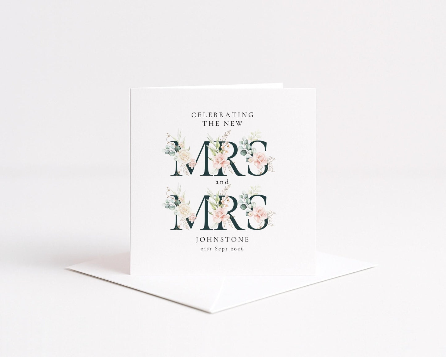 Personalised Wedding Card – Mrs and Mrs Floral Design with Elegant Typography - Whimsi Lilley