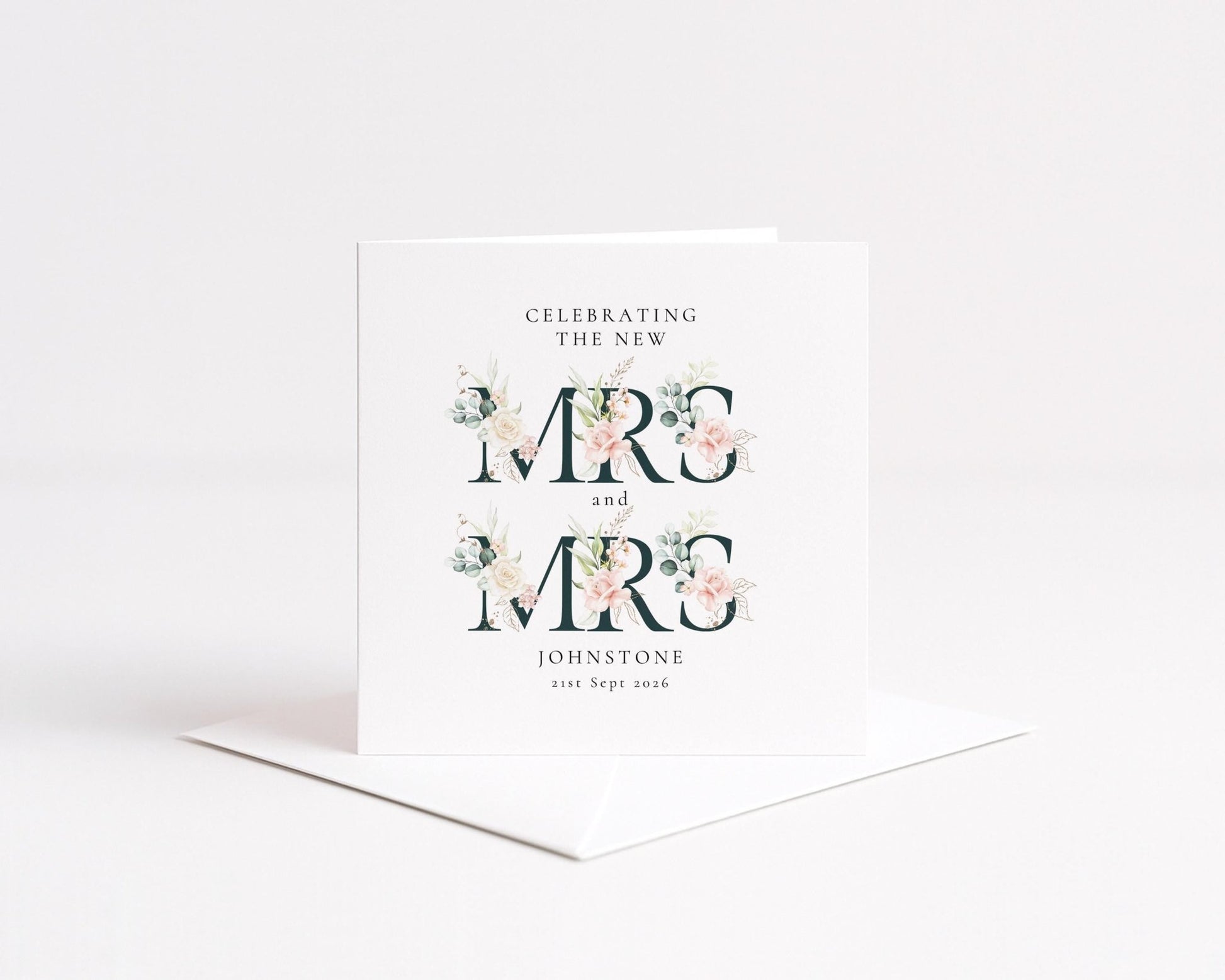 Personalised Wedding Card – Mrs and Mrs Floral Design with Elegant Typography - Whimsi Lilley
