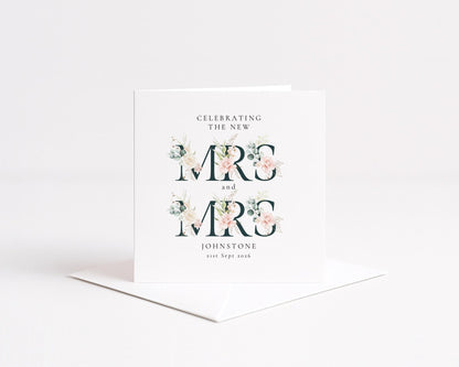 Personalised Wedding Card – Mrs and Mrs Floral Design with Elegant Typography - Whimsi Lilley