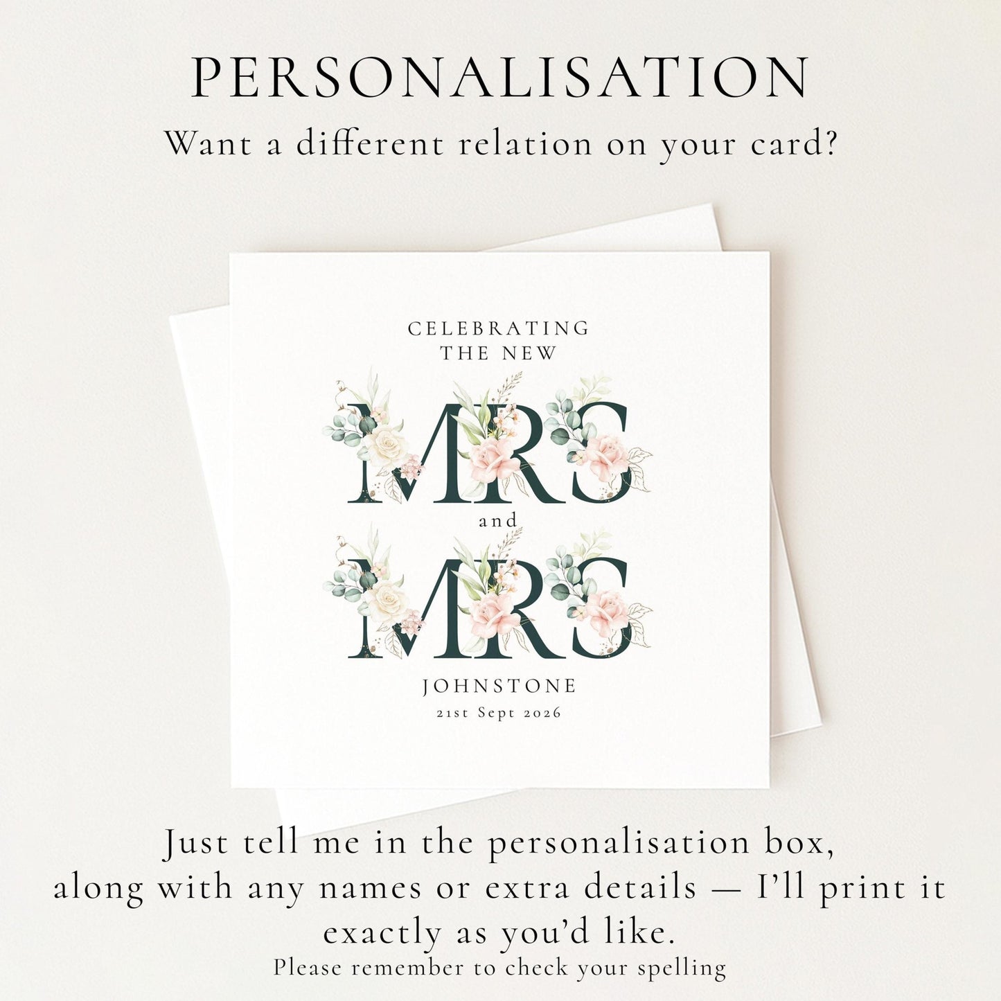 Personalised Wedding Card – Mrs and Mrs Floral Design with Elegant Typography - Whimsi Lilley