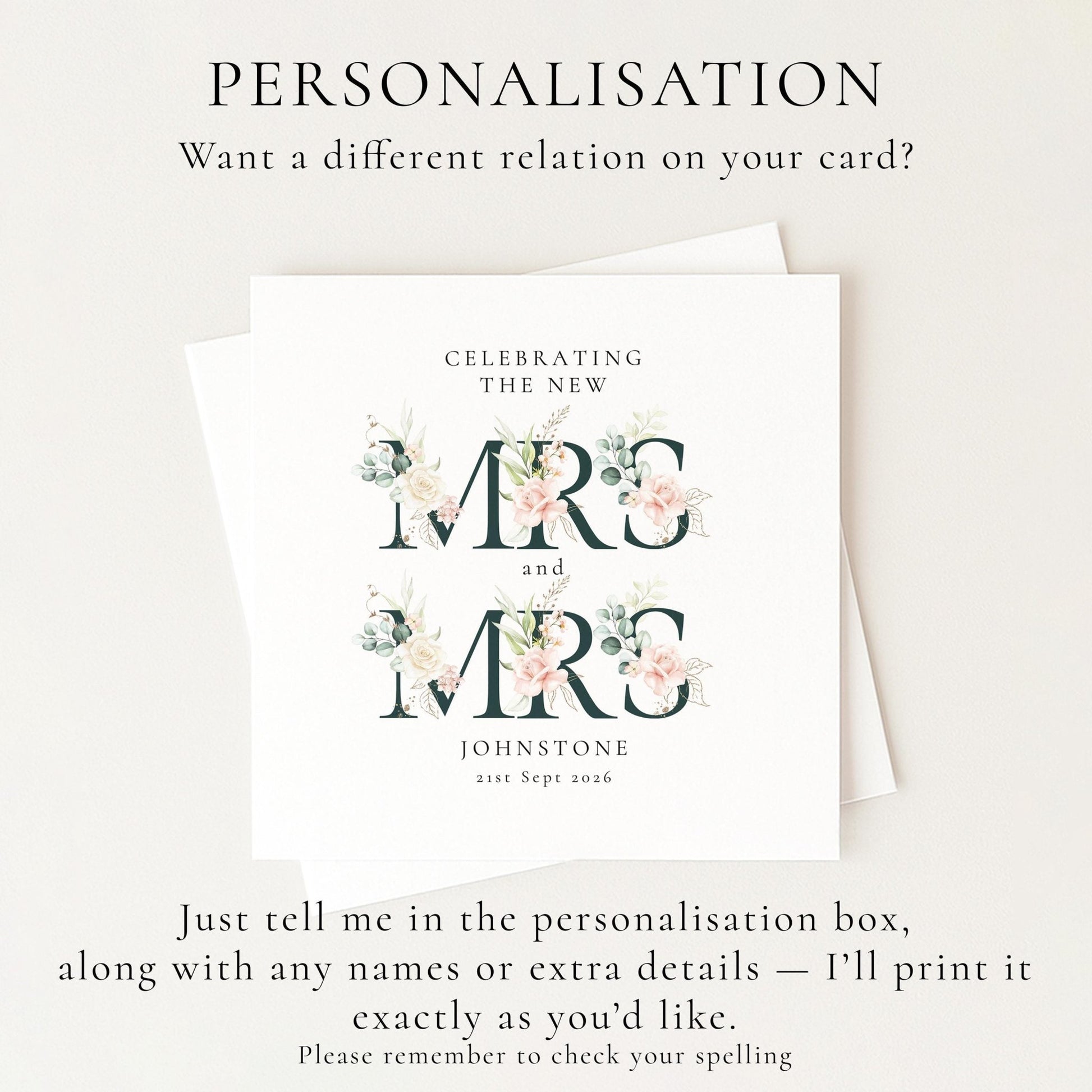 Personalised Wedding Card – Mrs and Mrs Floral Design with Elegant Typography - Whimsi Lilley