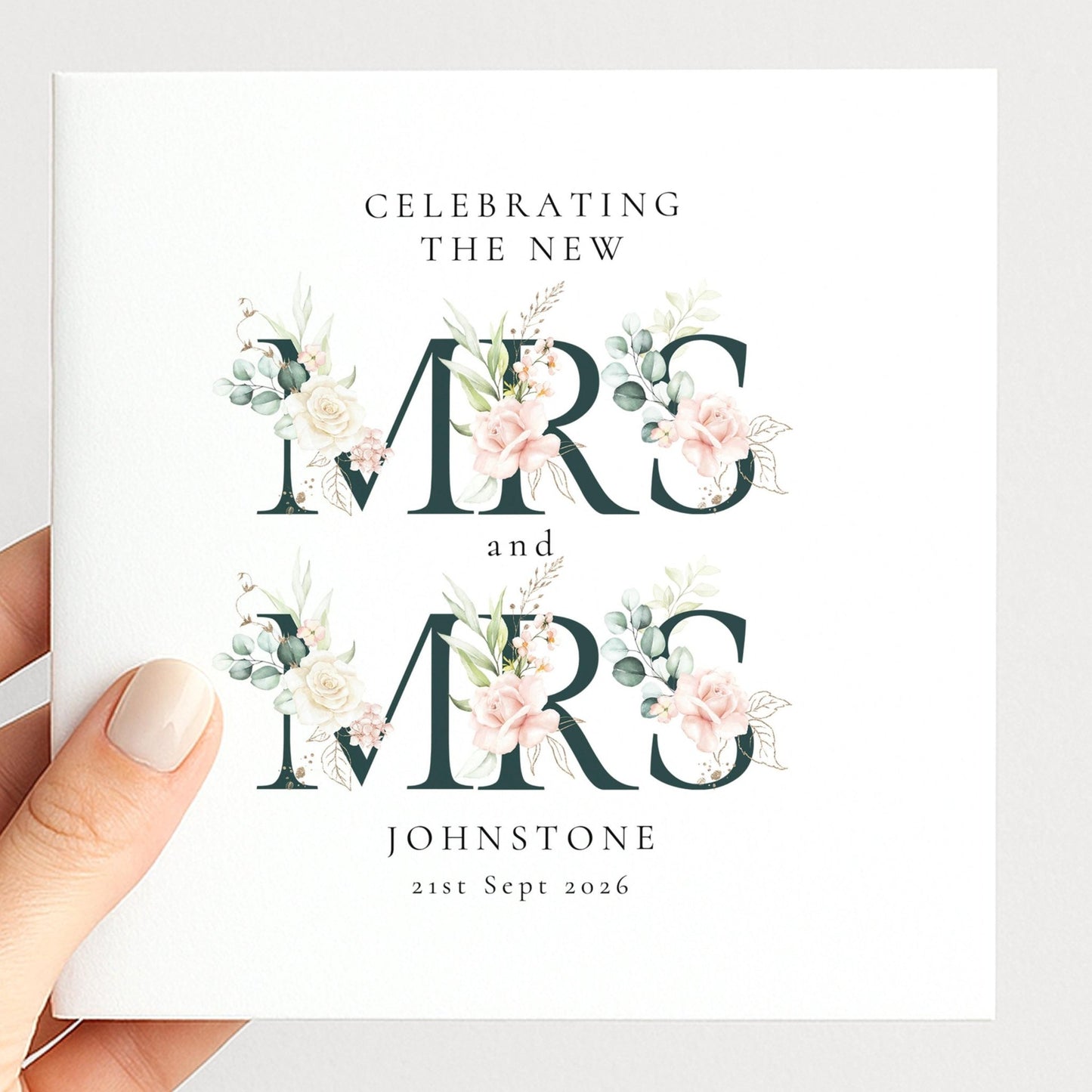 Personalised Wedding Card – Mrs and Mrs Floral Design with Elegant Typography - Whimsi Lilley