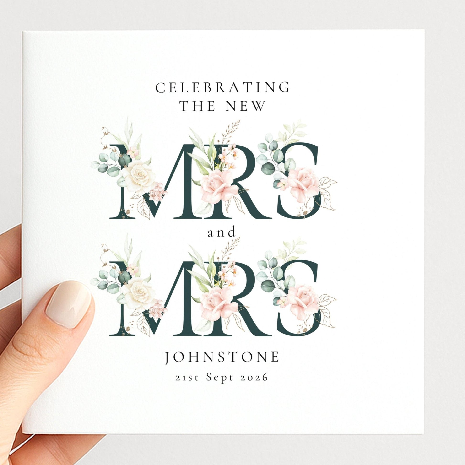 Personalised Wedding Card – Mrs and Mrs Floral Design with Elegant Typography - Whimsi Lilley