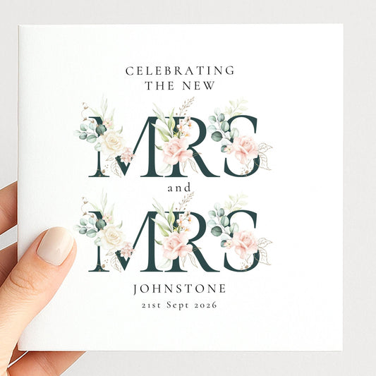 Personalised Wedding Card – Mrs and Mrs Floral Design with Elegant Typography - Whimsi Lilley