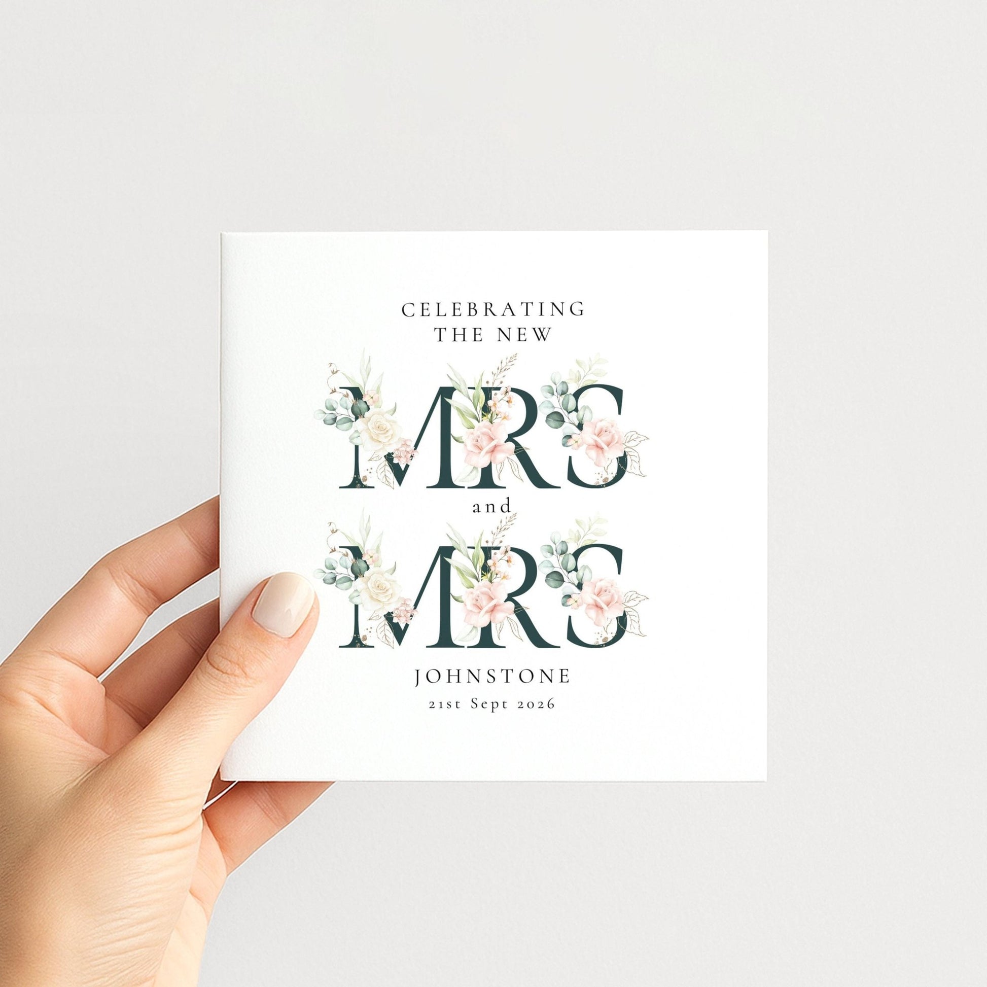 Personalised Wedding Card – Mrs and Mrs Floral Design with Elegant Typography - Whimsi Lilley