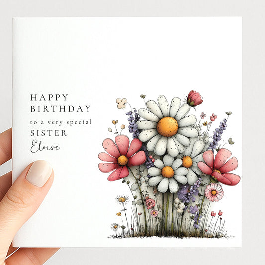 Sister Birthday Card – Personalised Floral Design With Custom Name & Matte Finish - Whimsi Lilley