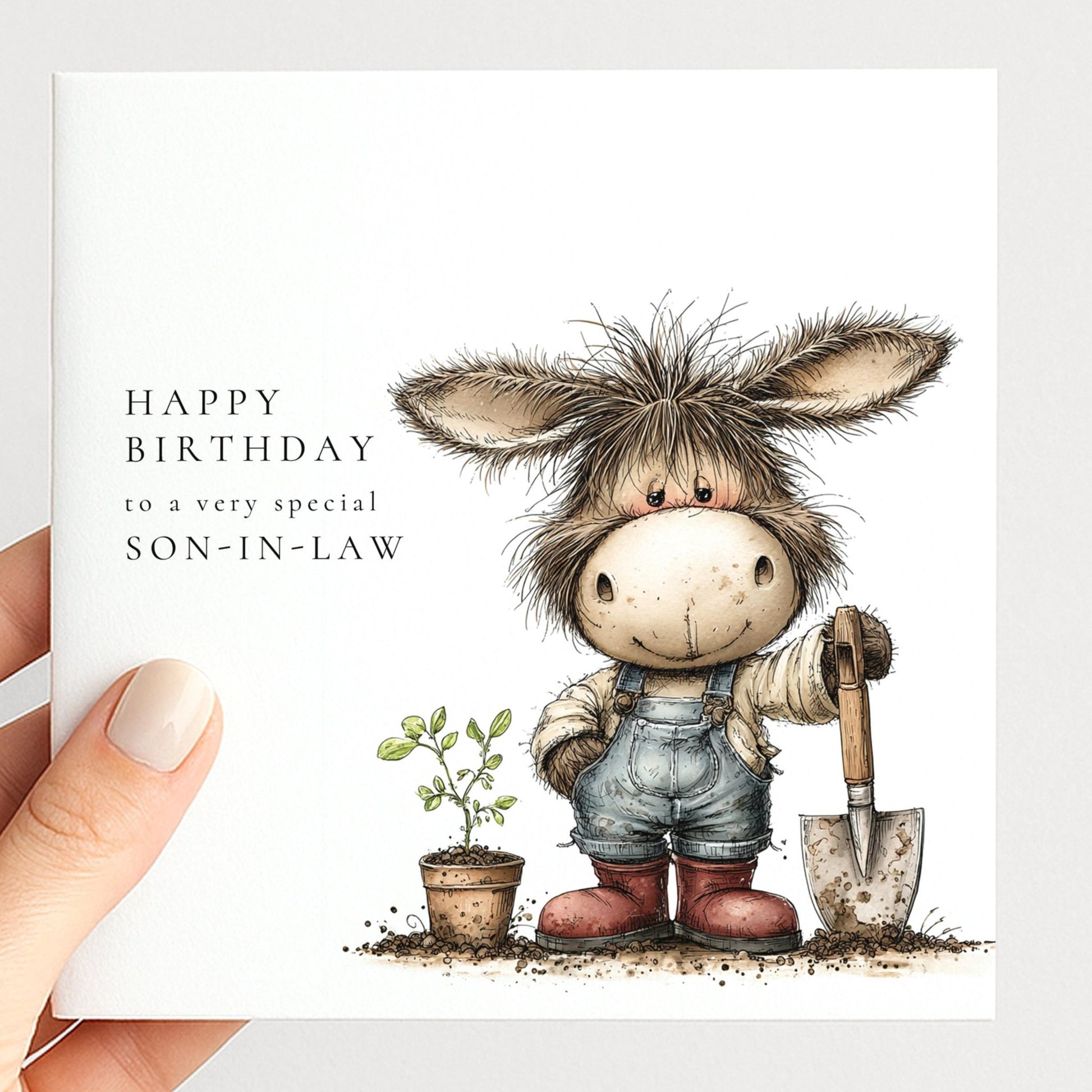 Son - in - Law Birthday Card – Personalised Garden Lover Gift With Donkey Illustration - Whimsi Lilley