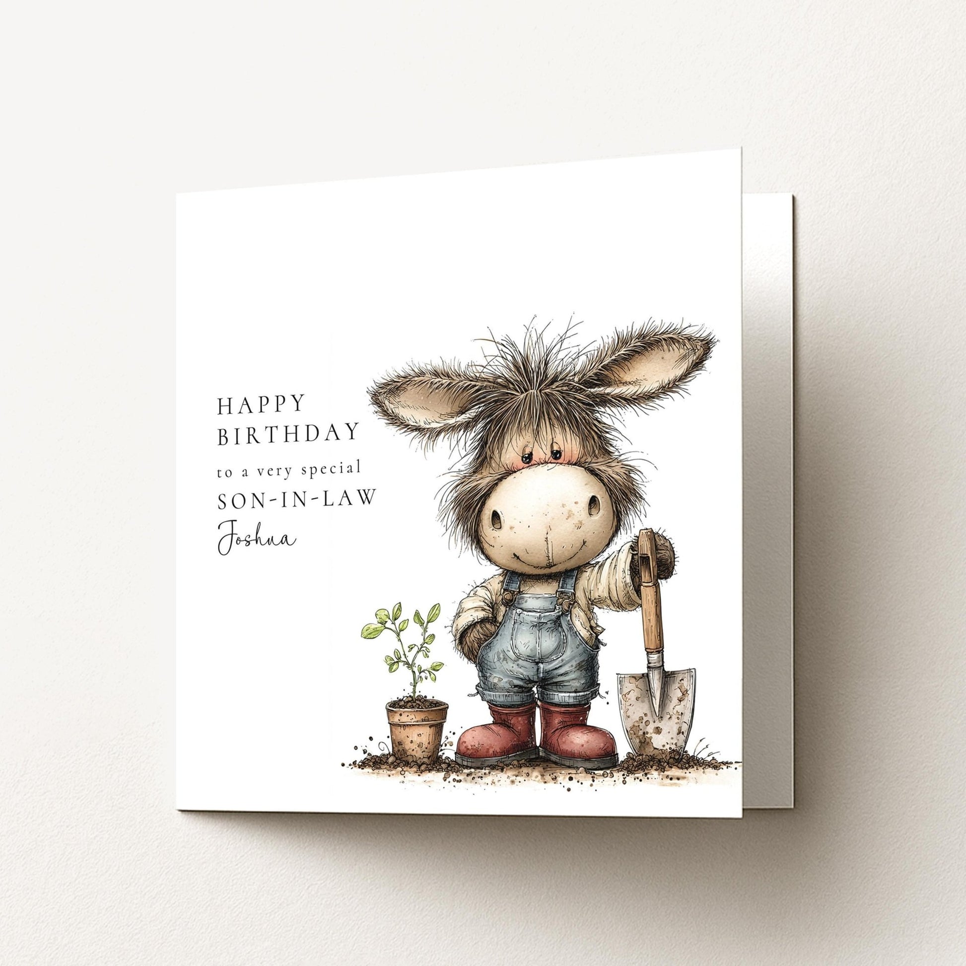 Son - in - Law Birthday Card – Personalised Garden Lover Gift With Donkey Illustration - Whimsi Lilley