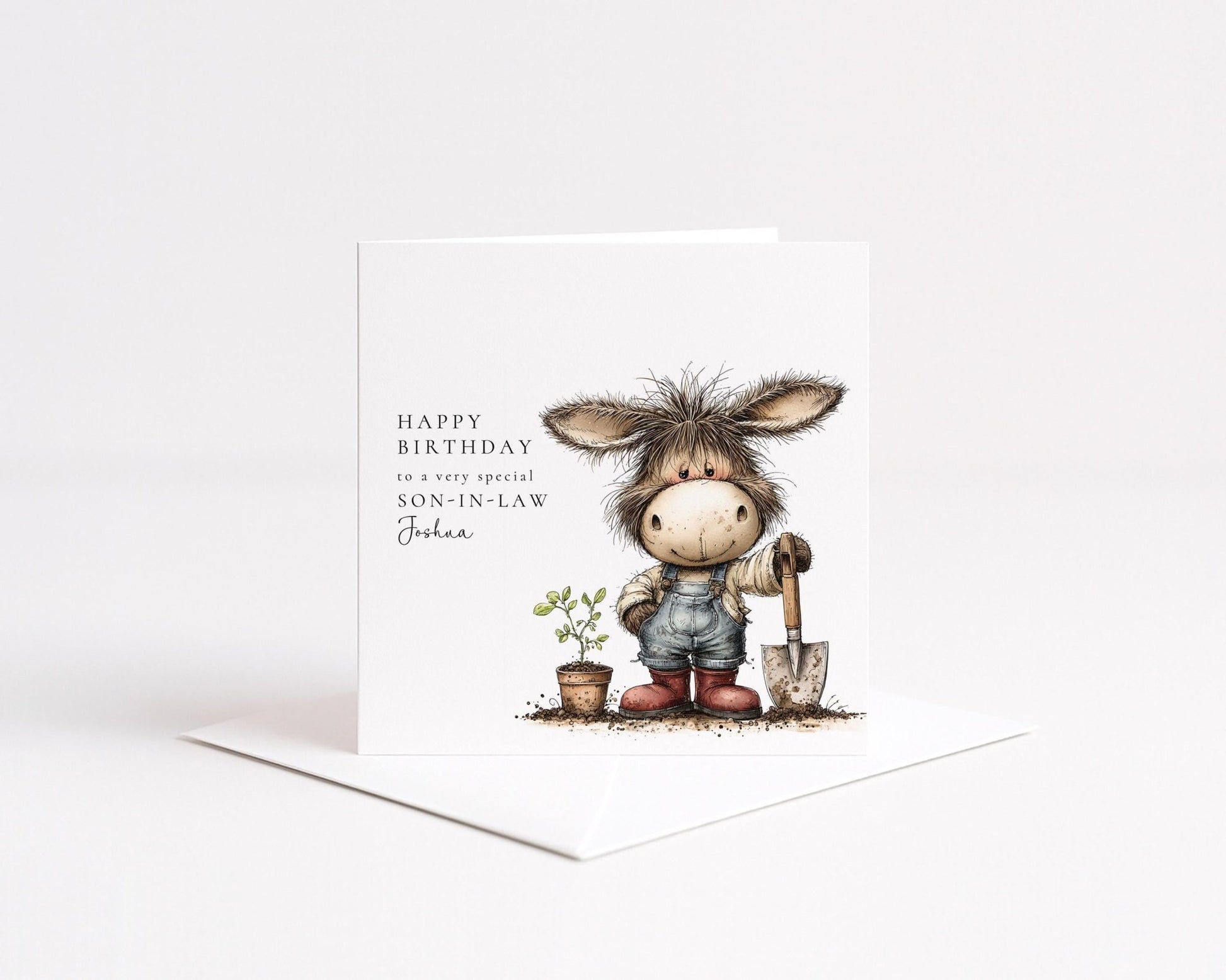 Son - in - Law Birthday Card – Personalised Garden Lover Gift With Donkey Illustration - Whimsi Lilley